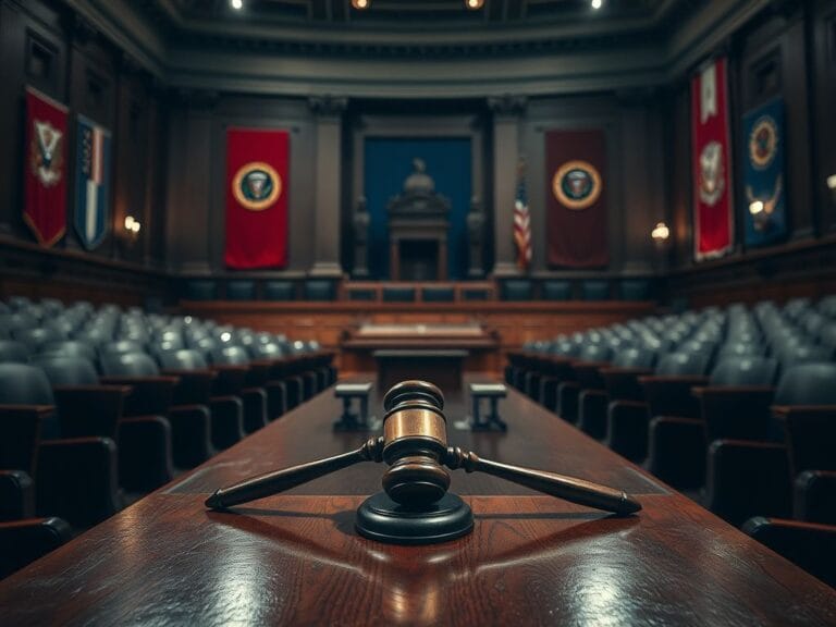Flick International Empty legislative chamber with a broken gavel symbolizing fractured democracy