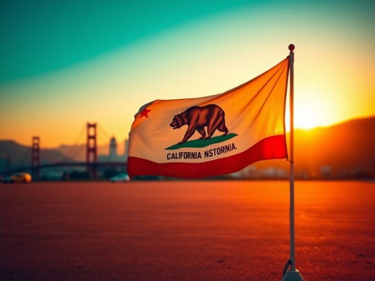 Flick International California skyline at sunset with a vibrant state flag symbolizing leadership