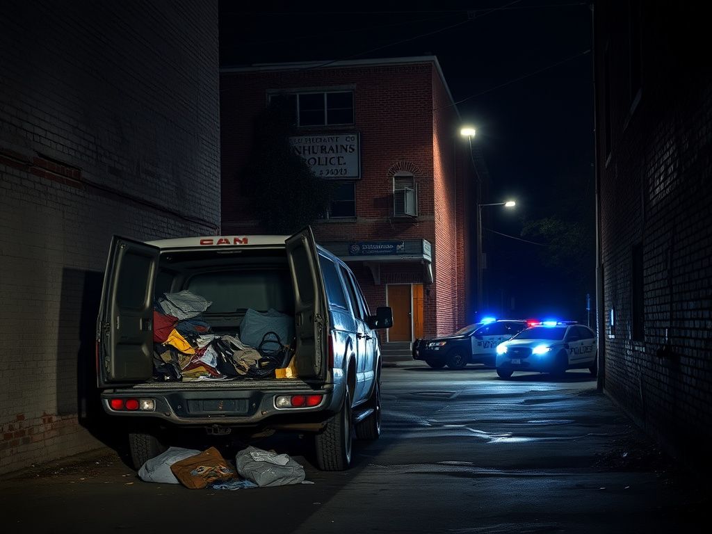 Flick International An abandoned truck in a dimly lit urban alley symbolizing the recent raid on a human trafficking operation in San Antonio, Texas.
