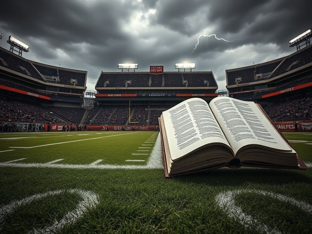 Flick International A somber NFL stadium scene with an empty football field and the Cleveland Browns’ end zone in the background.