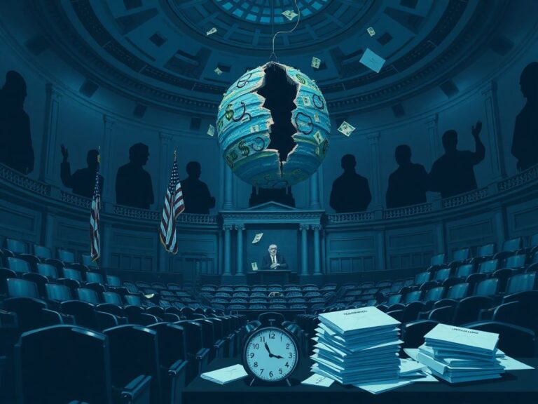 Flick International A dimly lit congressional chamber with empty seats, symbolizing political discord during a government shutdown