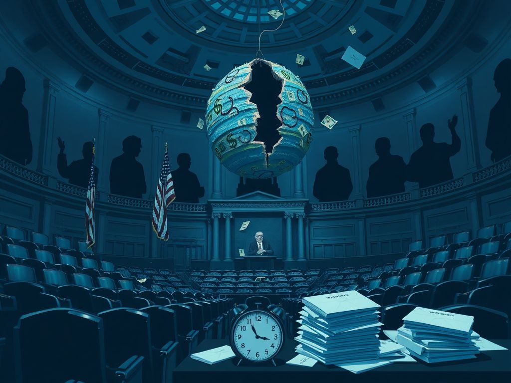 Flick International A dimly lit congressional chamber with empty seats, symbolizing political discord during a government shutdown