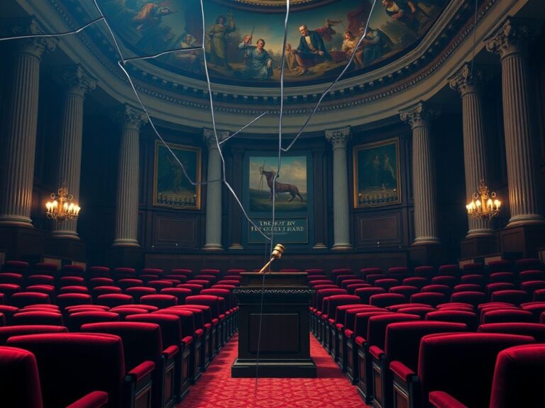 Flick International Symbolic depiction of the U.S. Senate chamber with empty dark red seating and a gavel on the podium