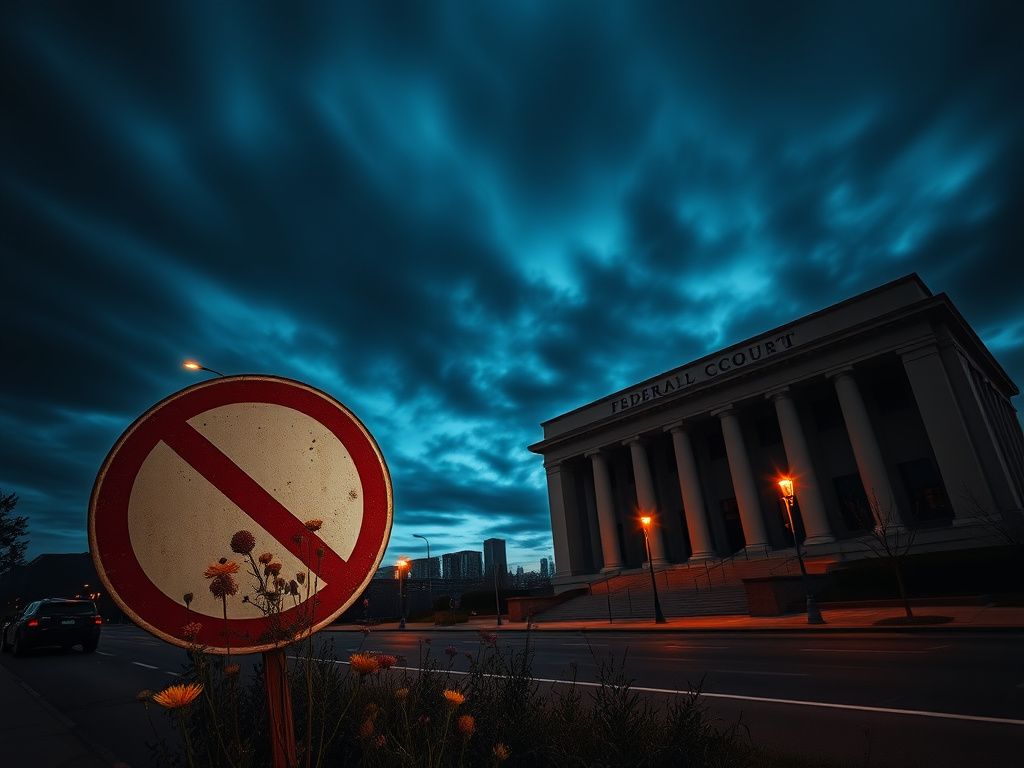 Flick International Dramatic view of the Portland federal courthouse illuminated at twilight