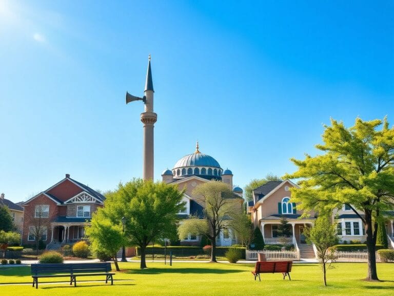Flick International A peaceful mosque in Dearborn, Michigan with a prominent minaret and loudspeaker for the call to prayer.