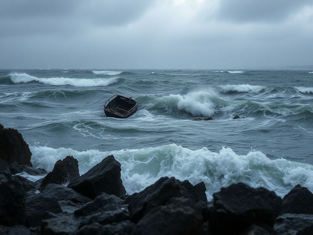 Flick International Dramatic seascape of a capsized panga boat off the San Diego coast, surrounded by turbulent waves and debris.