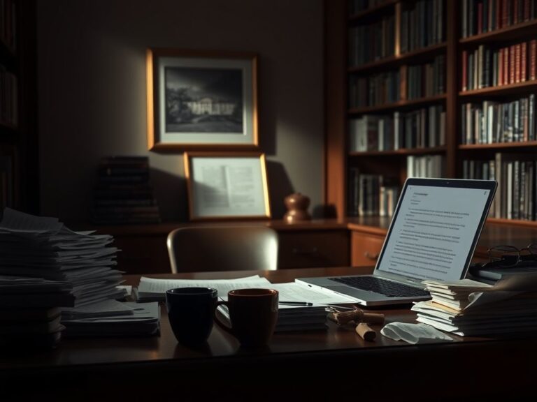 Flick International A dimly lit study room with a large wooden desk cluttered with papers and an open laptop, depicting a scene of secrecy and reflection.