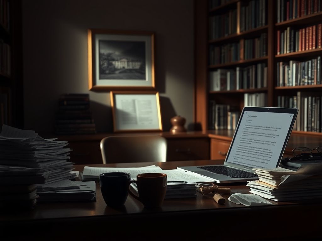 Flick International A dimly lit study room with a large wooden desk cluttered with papers and an open laptop, depicting a scene of secrecy and reflection.