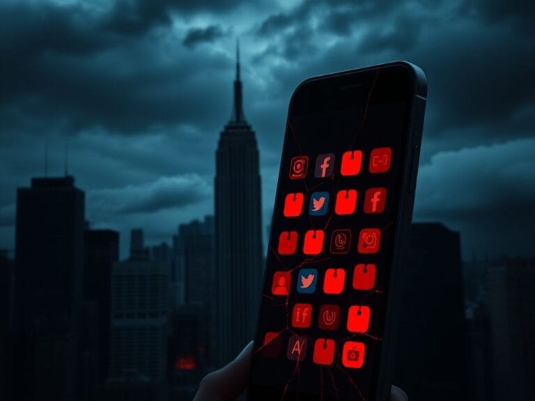 Flick International Dark cityscape at dusk with a cracked smartphone displaying social media icons, symbolizing the secrecy of investigations.