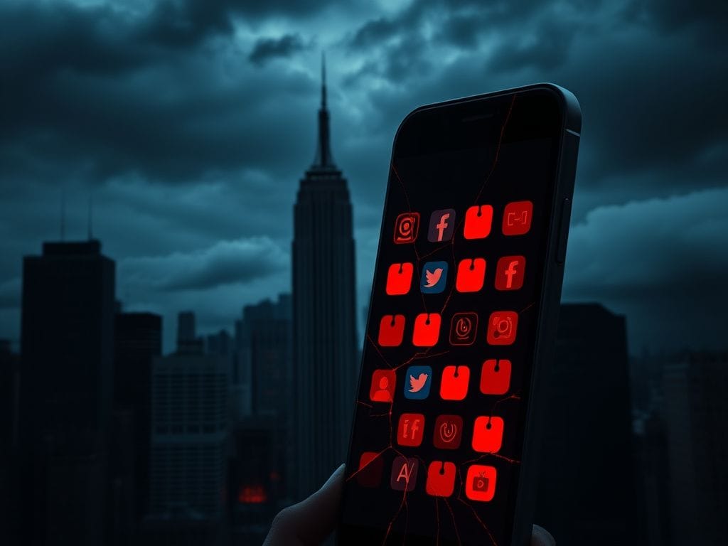 Flick International Dark cityscape at dusk with a cracked smartphone displaying social media icons, symbolizing the secrecy of investigations.