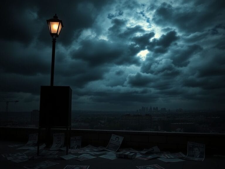 Flick International Tumultuous sky over a cityscape with an empty voting booth under a flickering streetlight