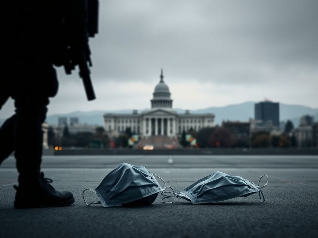 Flick International Urban landscape of California cityscape with shadowy silhouette of law enforcement tactical gear and discarded face masks.