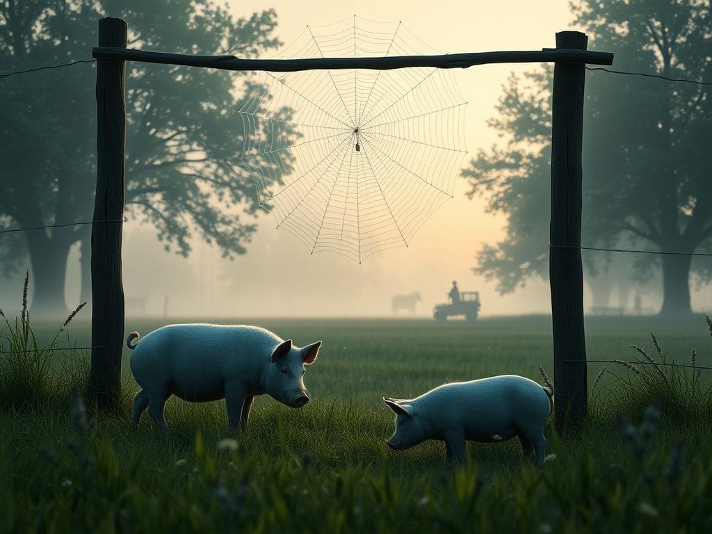 Flick International Serene rural dawn scene featuring a misty farm landscape with a spider web and a curious pig