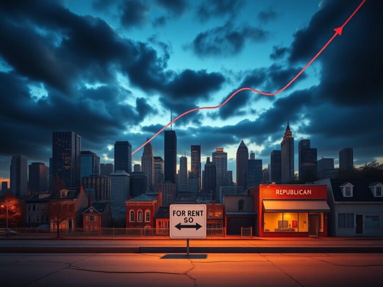 Flick International A dusk skyline contrasting Democrat-run cities with Republican-led areas, depicting economic disparities