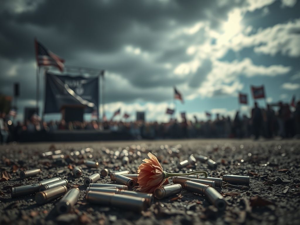 Flick International A scene from a Trump rally showing empty podium and bullet casings on the ground