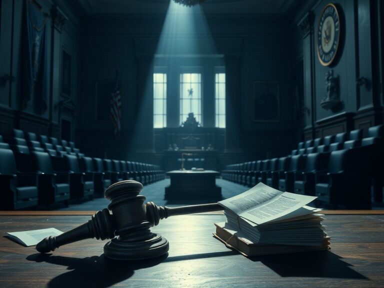 Flick International Dimly lit legislative chamber with empty seats and scattered documents symbolizing the Epstein files vote