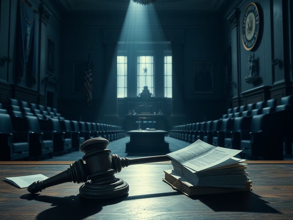 Flick International Dimly lit legislative chamber with empty seats and scattered documents symbolizing the Epstein files vote