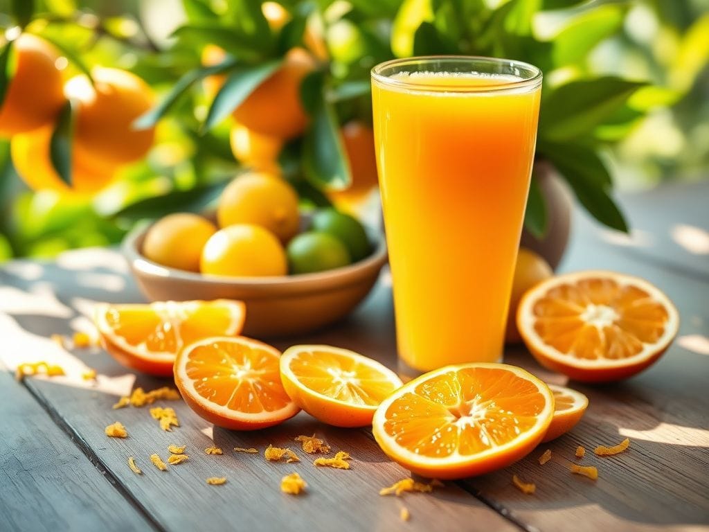 Flick International A glass of freshly poured orange juice surrounded by scattered orange slices on a wooden table.