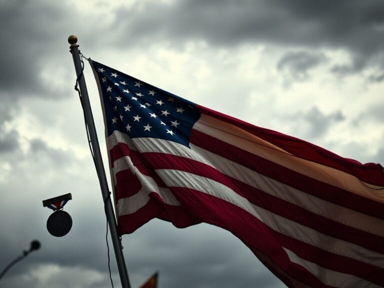 Flick International Weathered American flag waving against an overcast sky symbolizing political tension and patriotism