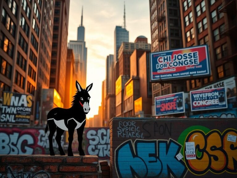 Flick International A dynamic cityscape of New York depicting the tension between progressive ideals and traditional political structures.