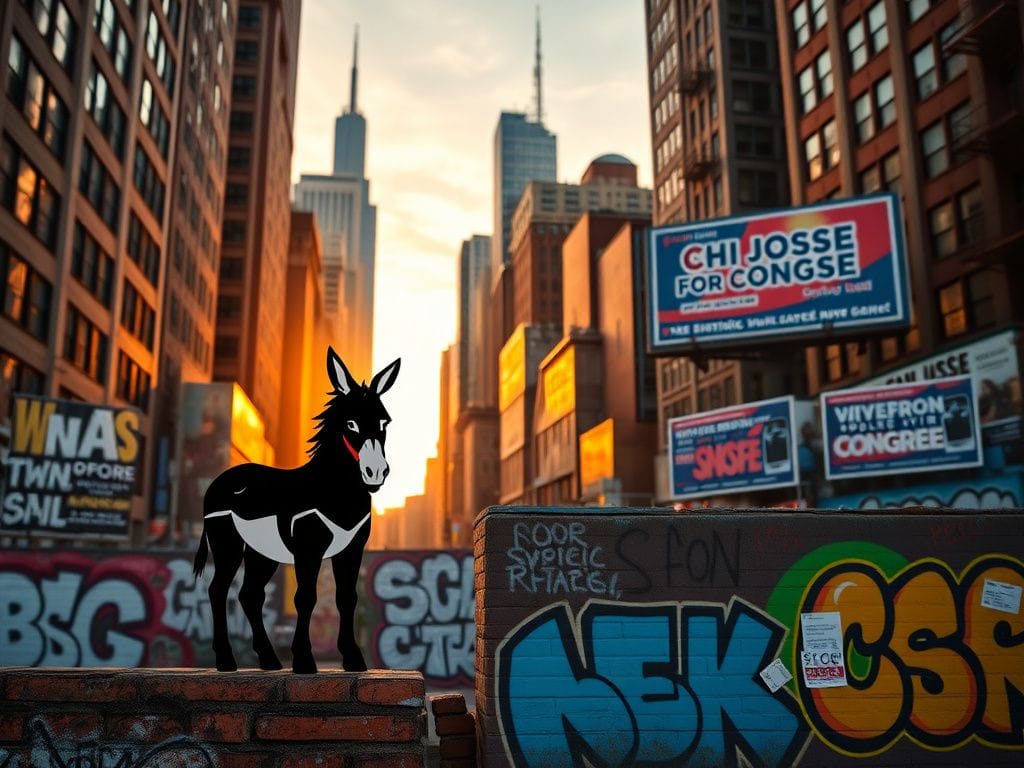 Flick International A dynamic cityscape of New York depicting the tension between progressive ideals and traditional political structures.