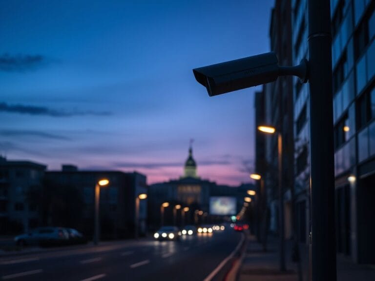 Flick International Automated license plate reader camera on a city street at dusk