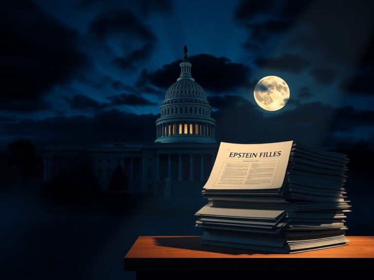 Flick International A dramatic view of the U.S. Capitol building at dusk with a stack of documents labeled 'EPSTEIN FILES'.
