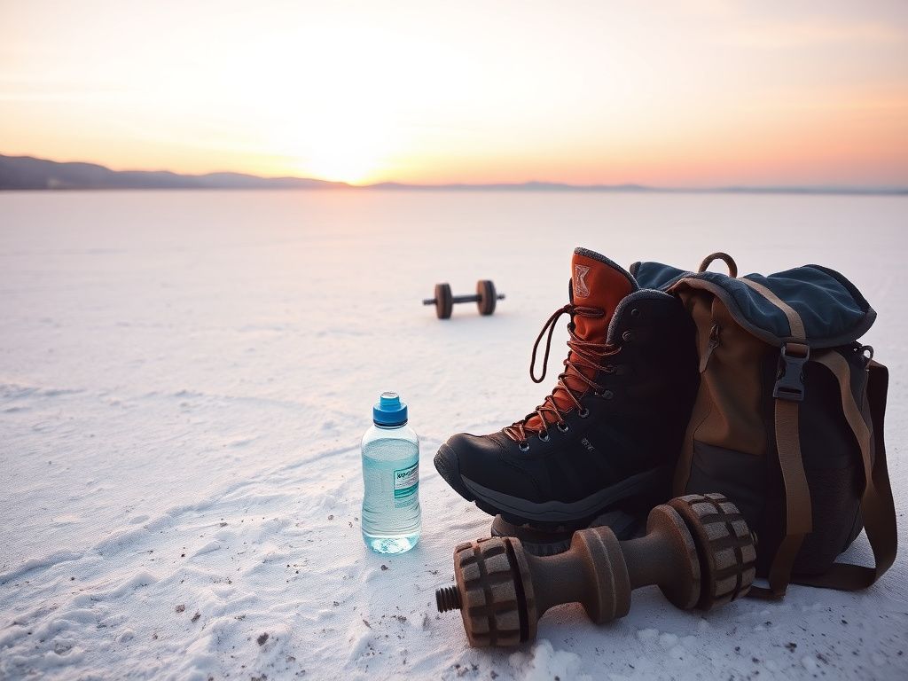 Flick International A serene landscape of the Bonneville Salt Flats at sunrise with hiking boots and a weighted rucksack