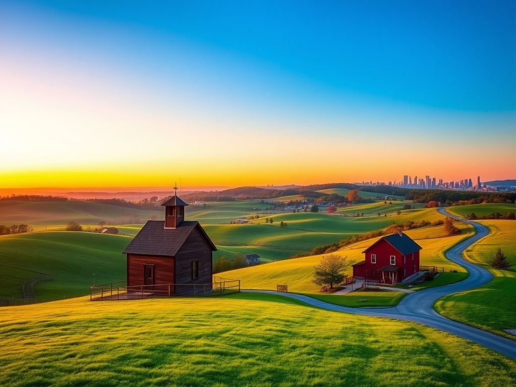 Flick International Serene Virginia landscape at dawn with a schoolhouse and family home