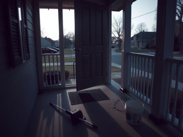 Flick International Front porch scene with bullet hole in door during early morning light