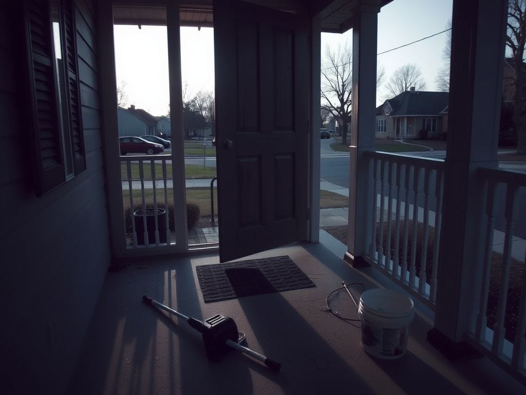 Flick International Front porch scene with bullet hole in door during early morning light