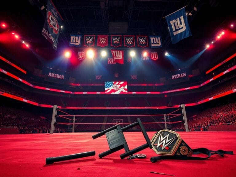 Flick International A chaotic scene featuring an empty wrestling ring at Madison Square Garden, illuminated by vibrant lights with a shattered chair and discarded championship belt in the foreground.