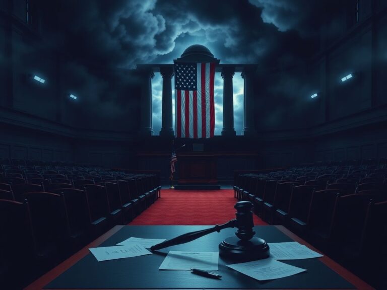Flick International Dimly lit congressional chamber with empty seats and an American flag
