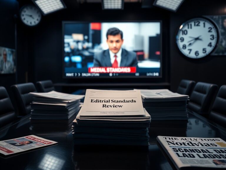 Flick International Dramatic newsroom scene with a news anchor background and scattered documents about media controversies