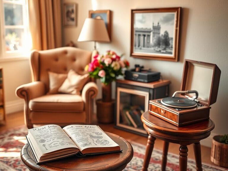 Flick International Cozy living room with vintage armchair and whimsical journal