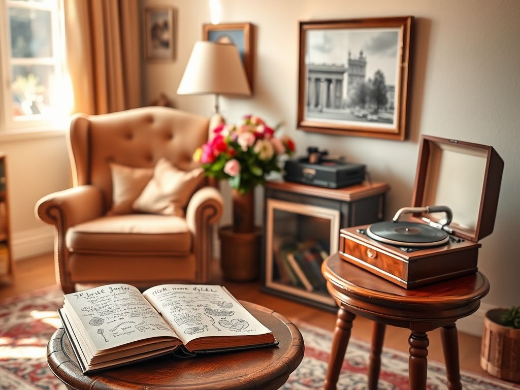 Flick International Cozy living room with vintage armchair and whimsical journal