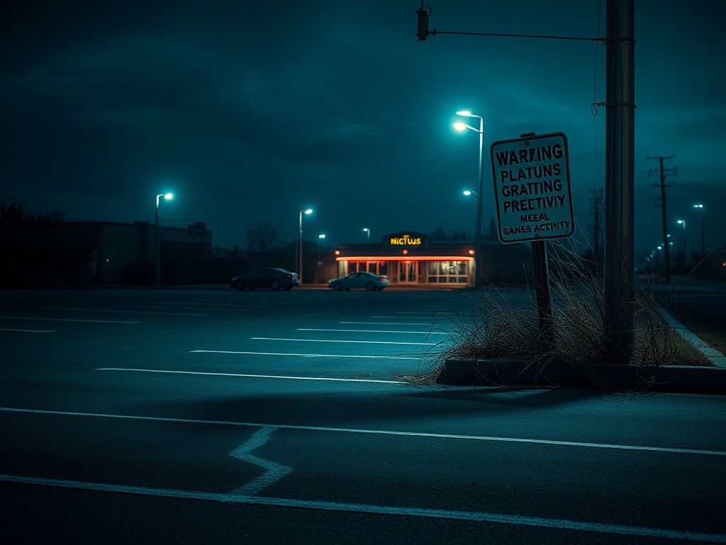 Flick International Deserted parking lot at twilight with chalk outlines marking a recent violent event