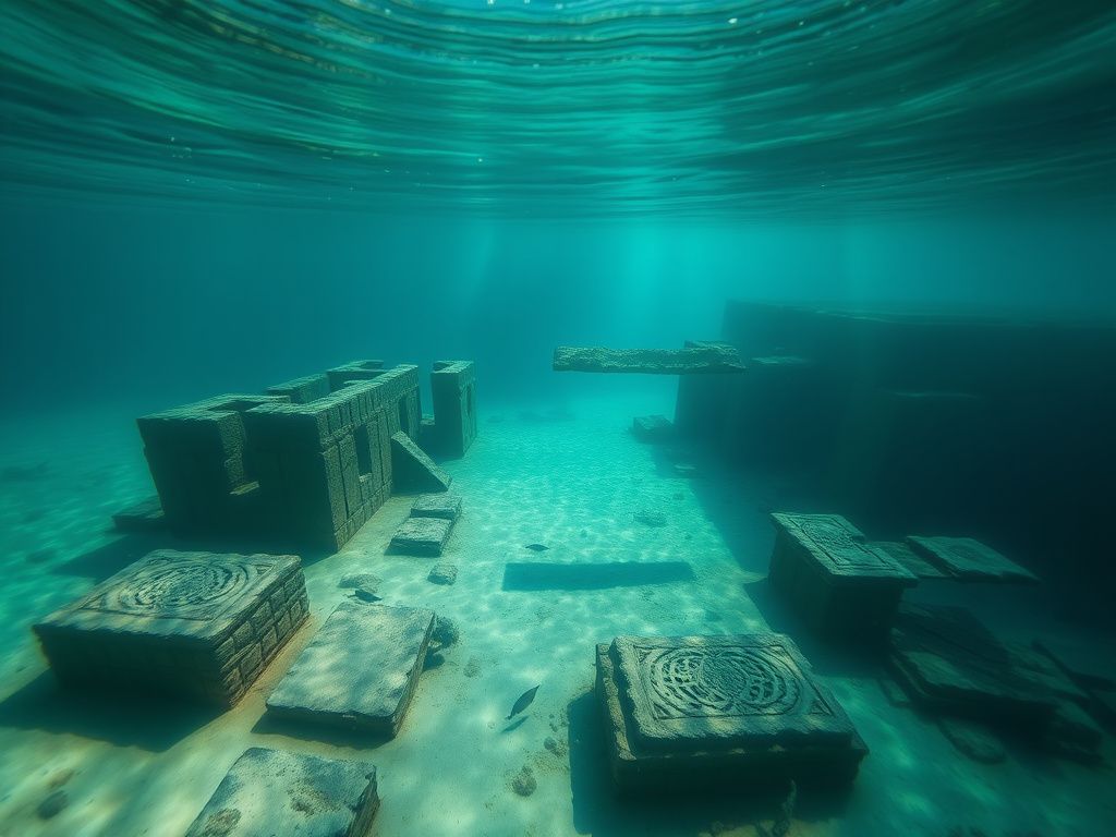 Flick International Underwater ruins revealing the mysterious outlines of ancient structures on Salmedina Island's seafloor.