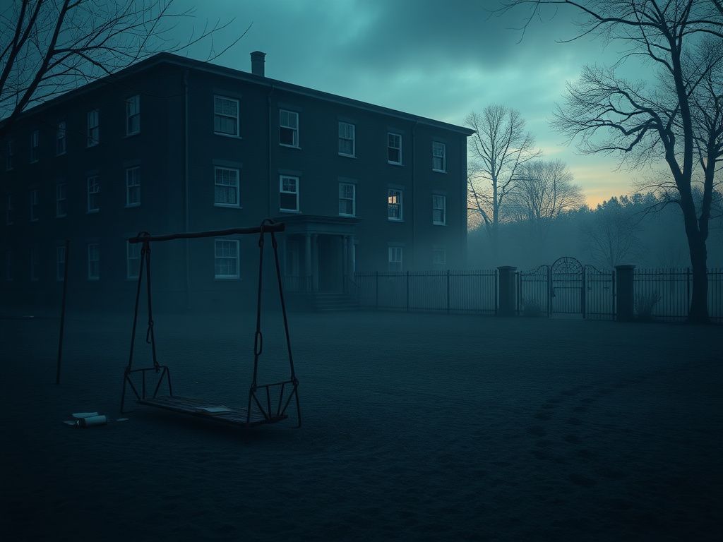 Flick International Dimly lit deserted boarding school at dawn with empty playground and ominous school building