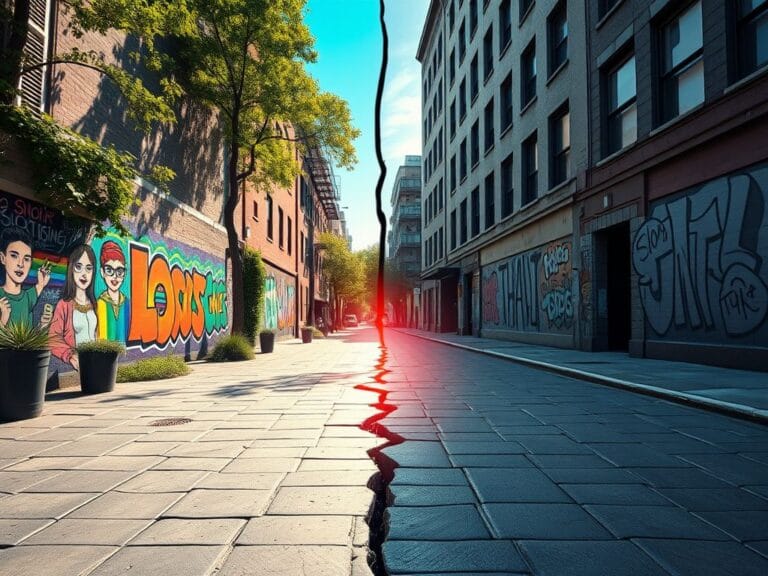 Flick International A split scene illustrating contrasting political ideals with vibrant urban art on one side and muted shadows on the other