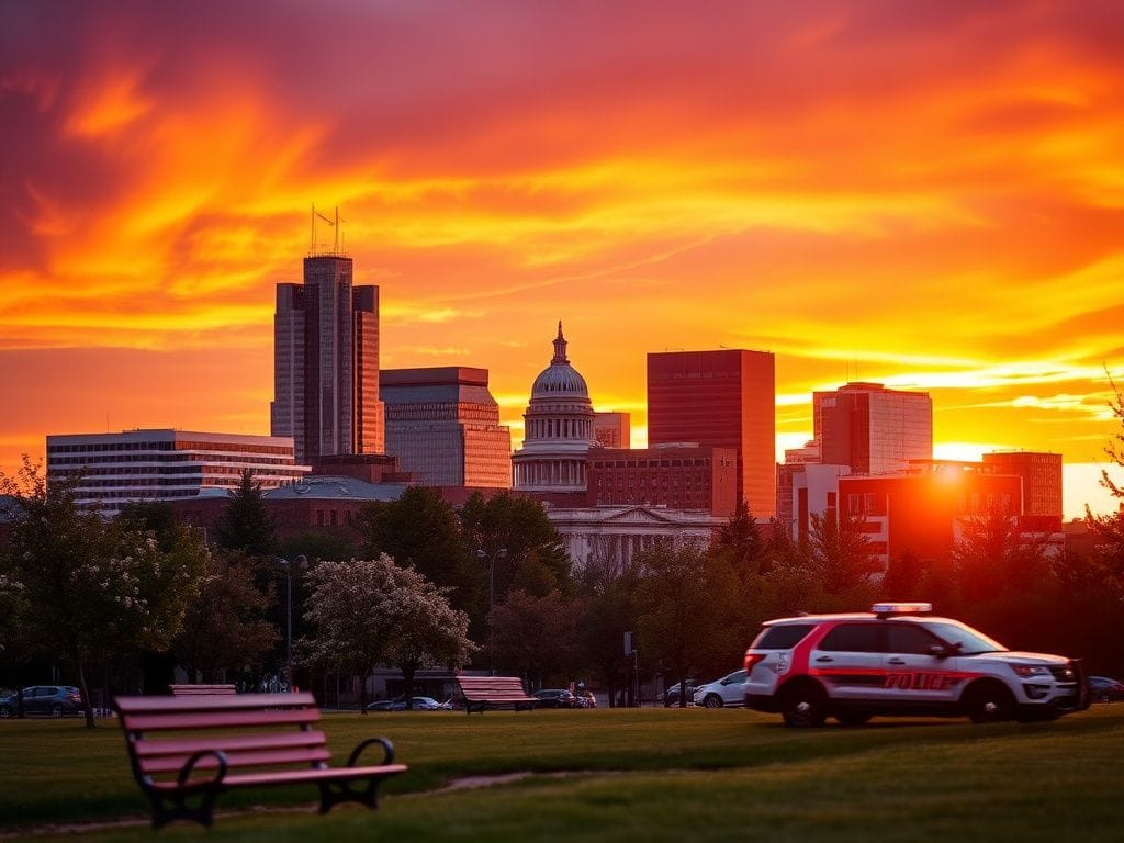 Flick International Cityscape of Raleigh, North Carolina at sunset with community park and law enforcement elements