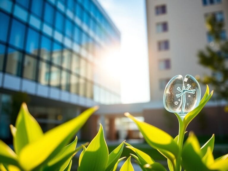 Flick International A serene scene of a modern medical facility with a vibrant green plant symbolizing recovery.