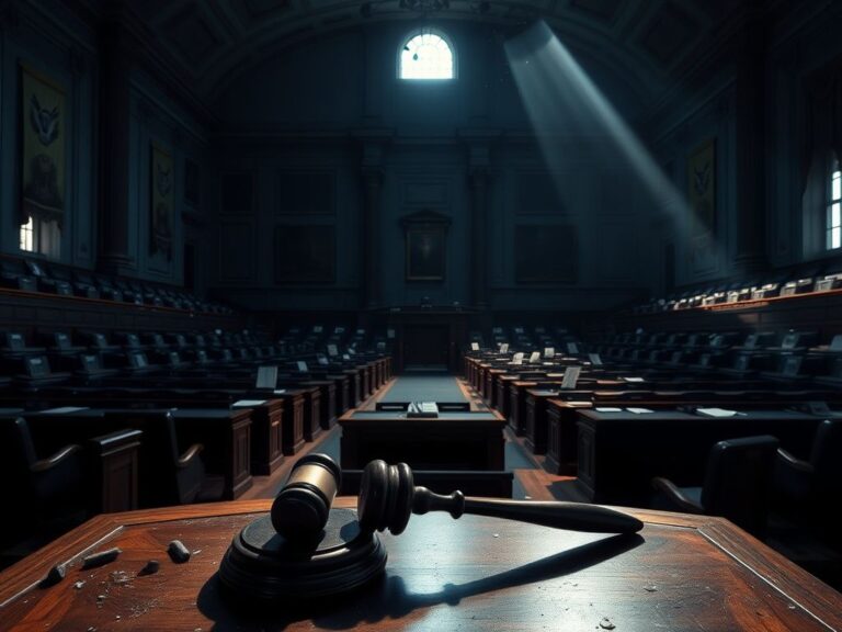 Flick International Dimly lit congressional chamber with empty rows of seats symbolizing absence of lawmakers