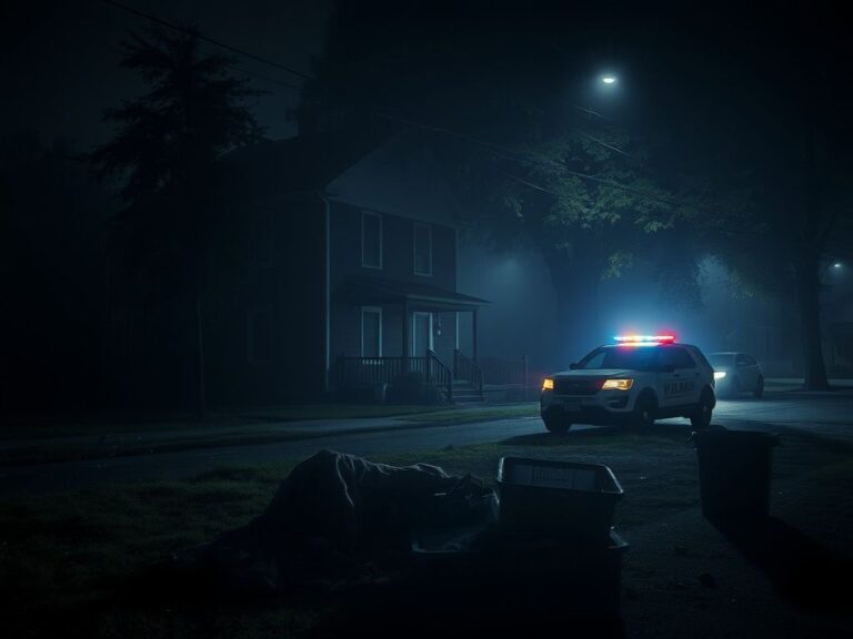 Flick International Nighttime view of a suburban Boston street with a modest house shrouded in fog, showcasing an air of mystery.