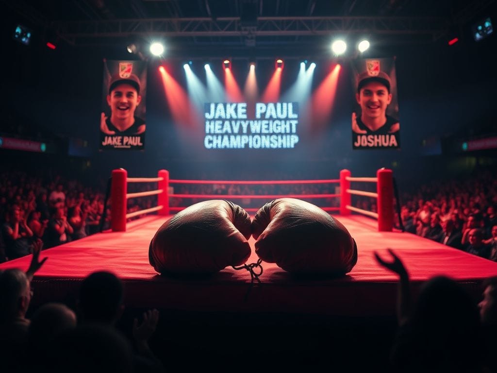 Flick International A boxing ring with a pair of large worn-out gloves on the canvas, surrounded by a cheering crowd.