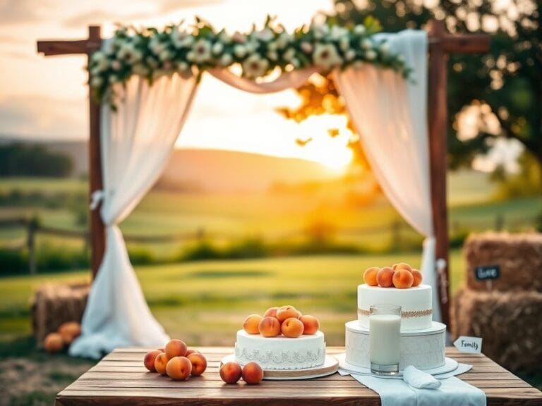 Flick International A rustic outdoor wedding setting featuring a wooden arch and wedding details