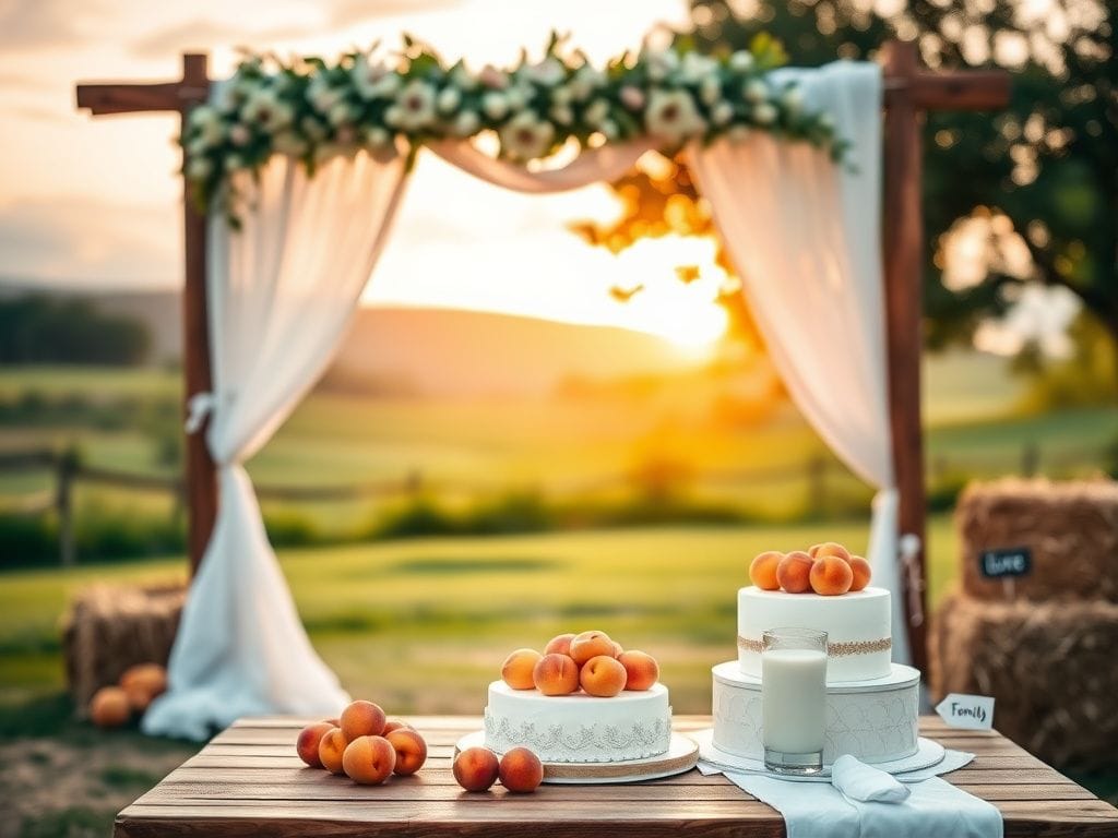 Flick International A rustic outdoor wedding setting featuring a wooden arch and wedding details