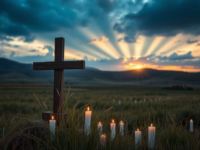 Flick International Landscape of Nigeria with a weathered cross and white candles symbolizing hope for persecuted Christians