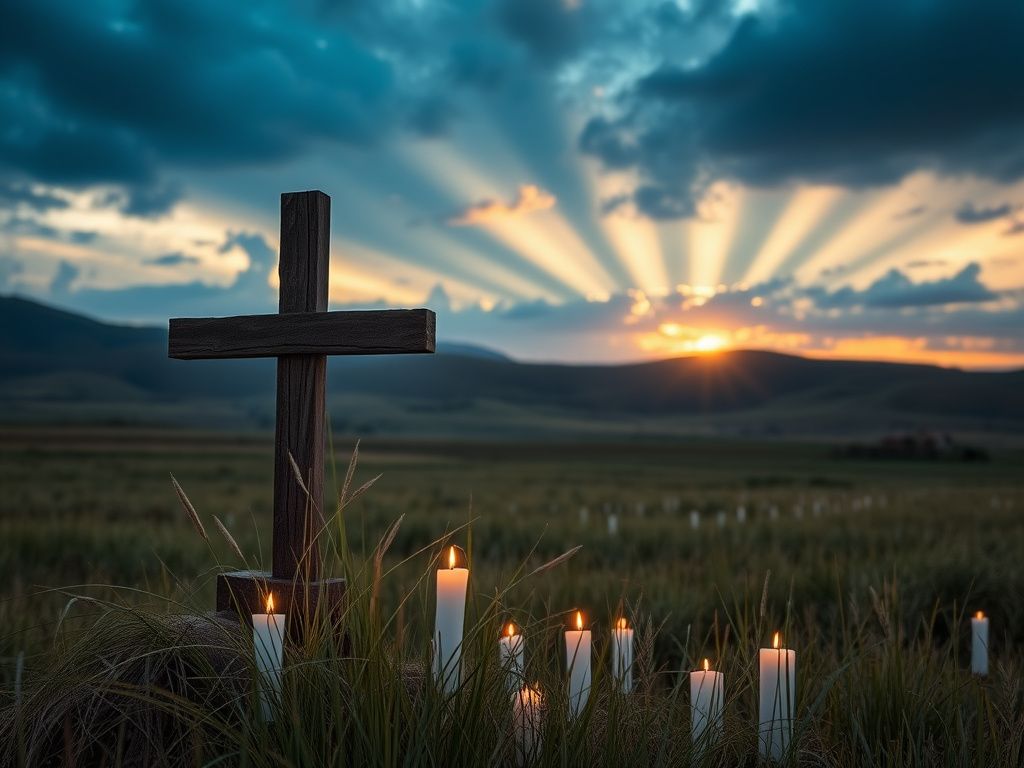 Flick International Landscape of Nigeria with a weathered cross and white candles symbolizing hope for persecuted Christians