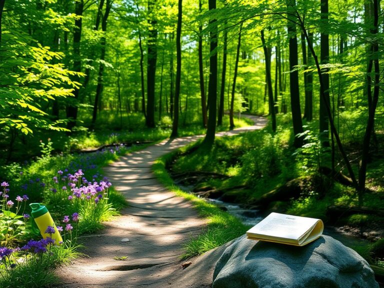 Flick International Serene forest trail with vibrant wildflowers and hiking gear in Maine